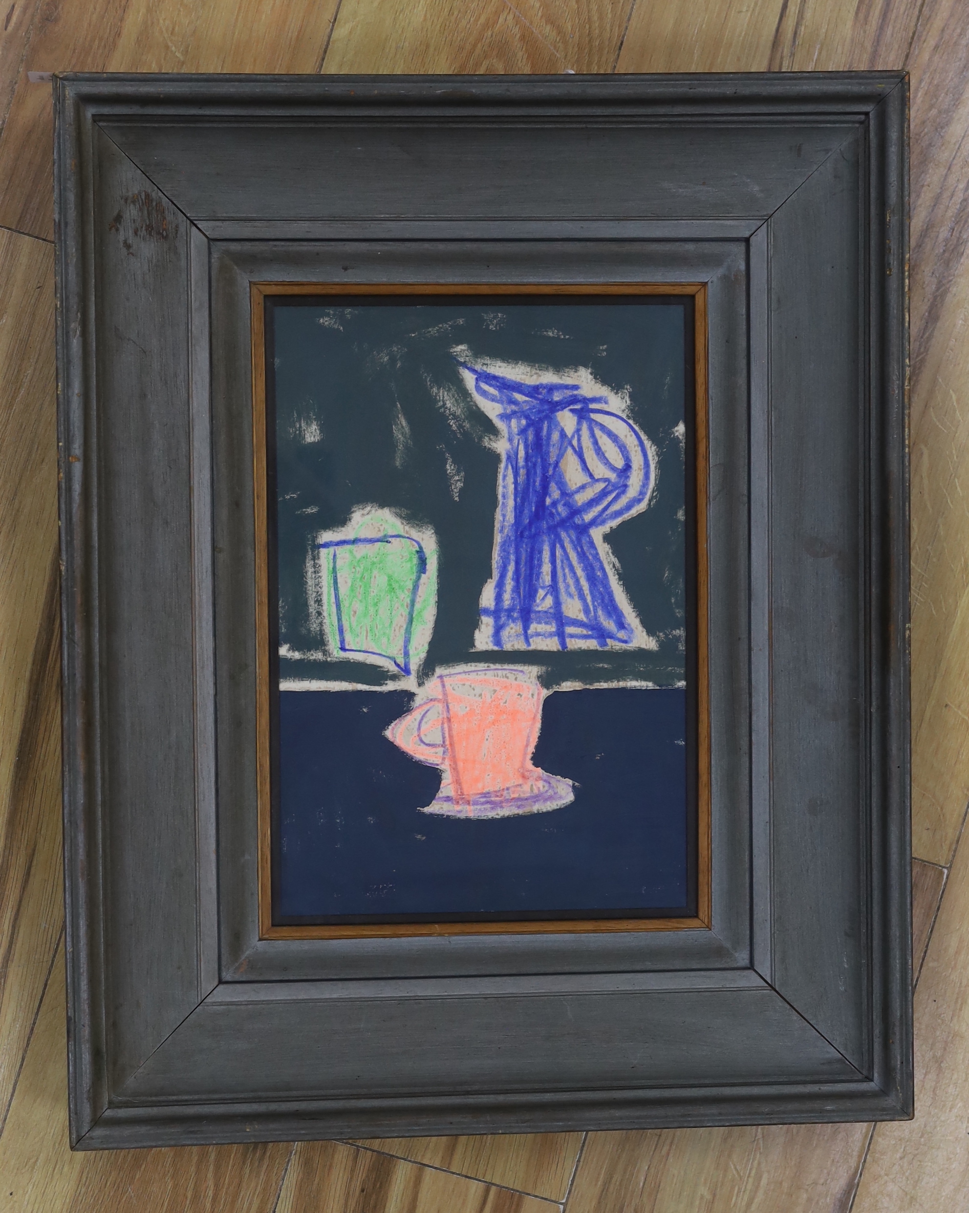 Modernist School (possibly French), mixed media, Still life of vessels, A Grezy, Bordeaux label verso, 35 x 24cm